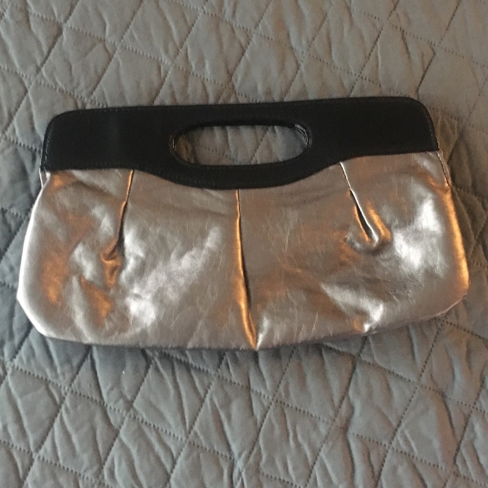 NWOT b. Bag pewter and black faux leather clutch
